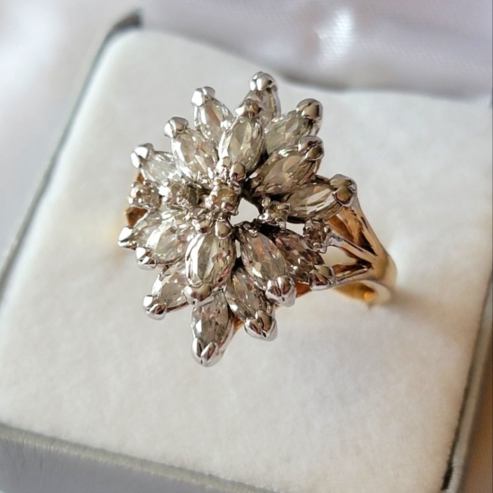 Vintage Cocktail Ring Faux Diamond Cluster in Gold Tone Chunky Statement